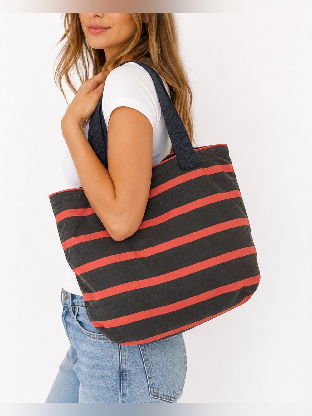 Oversized Black & Coral Striped Tote Bag Beach Travel Carryall 22x17